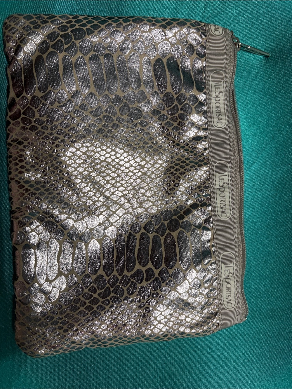 Lesportsac Taupe Metallic Snake-Print Triple Zip Pouch - Picture 2 of 7